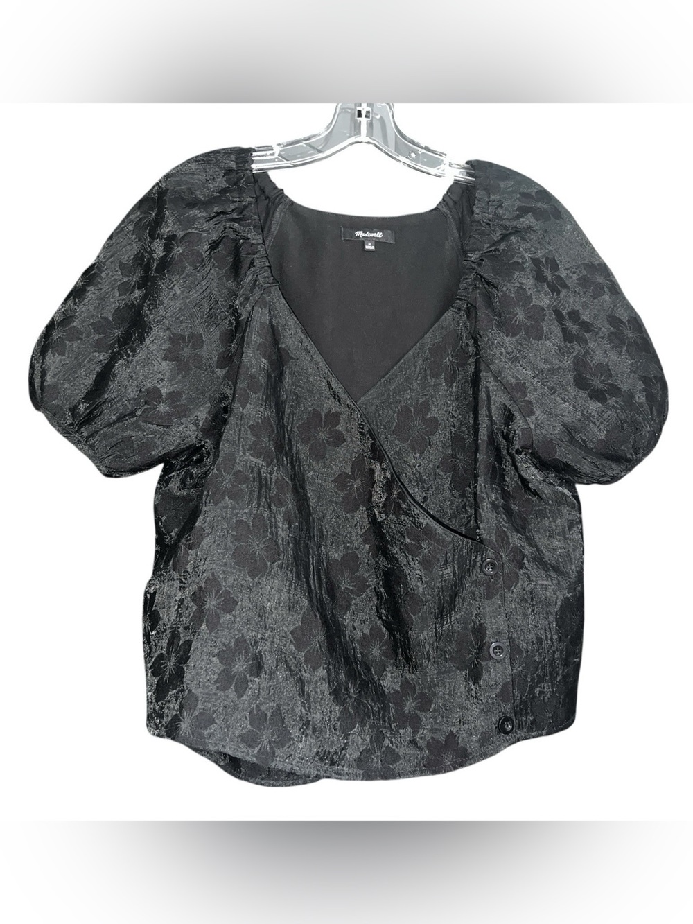 Madewell Women’s Puff Sleeve Floral Jacquard Wrap Blouse Black Top Size M NC852